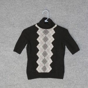 Marconi Cashmere Sweater Womens S Black Argyle Short Sleeve Turtleneck Knit